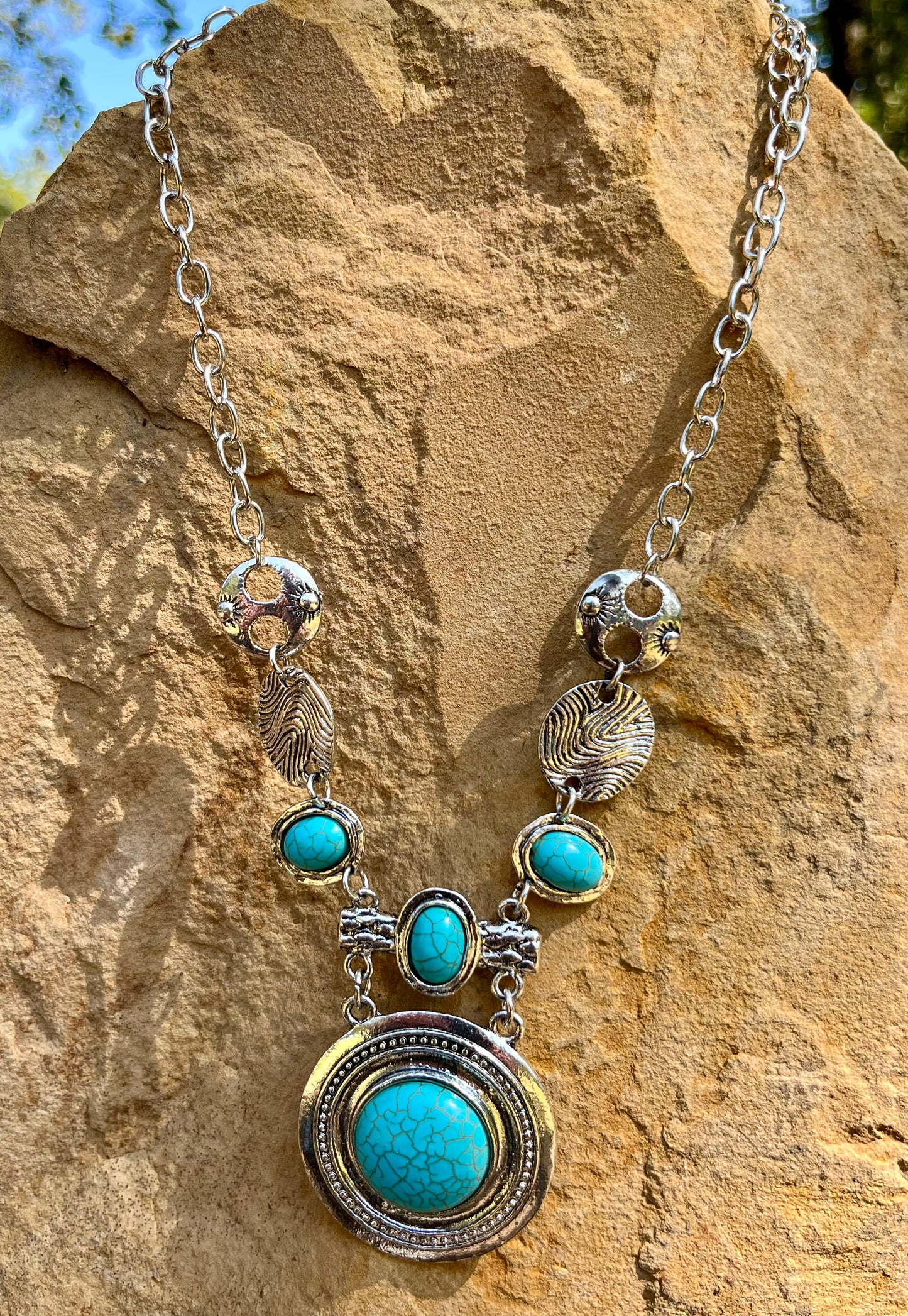 Turquoise and Silver Stepping Stone Necklace