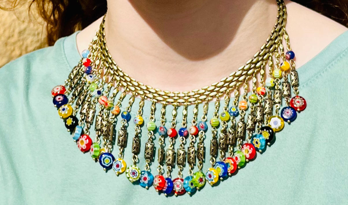 Millefiori Glass Bead Boho Fringe Choker Collar Necklace