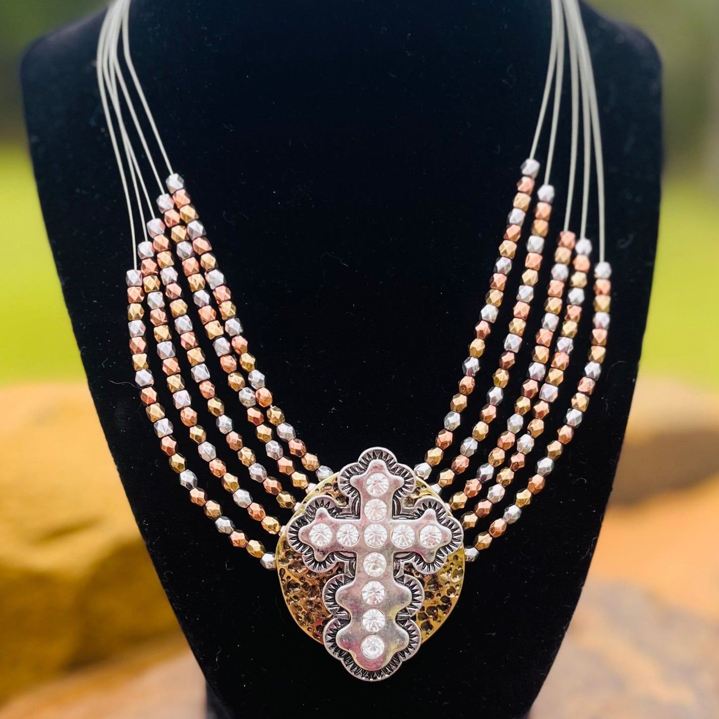 Cross Western Multi-Strand Wired Necklace Earring Set